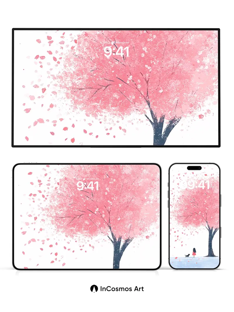 Serenity Cherry Tree Wallpaper with Floating Petals