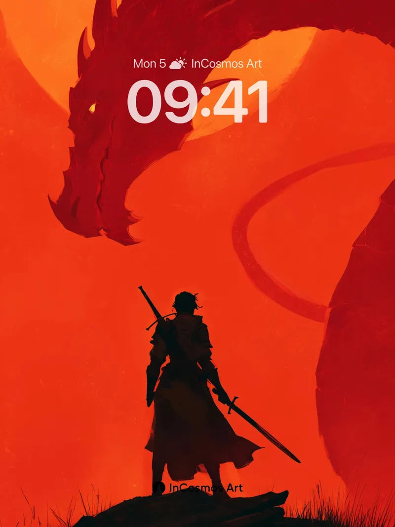 Silhouette Duel Wallpaper with Fiery Dragon