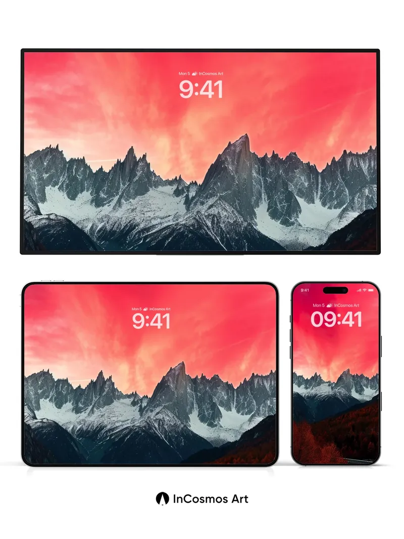 Crimson Skyline Wallpaper with Snow-Crowned Peaks