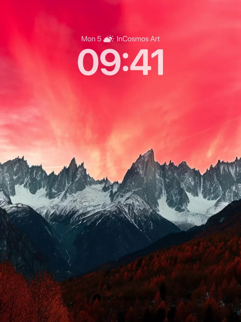 Crimson Skyline Wallpaper with Snow-Crowned Peaks