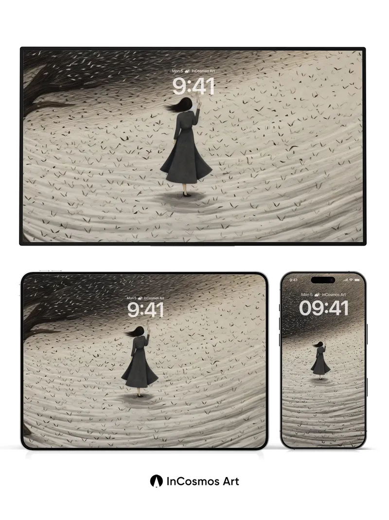 Surreal Sandstorm Wallpaper with Floating Figures