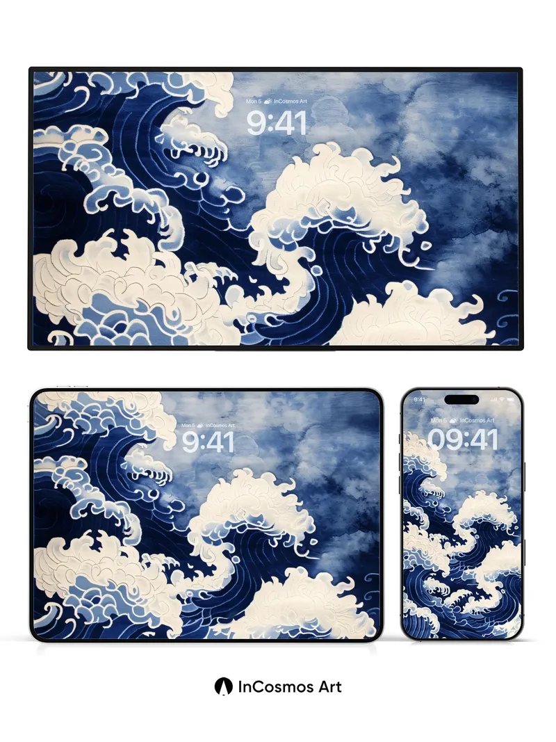 Indigo Surge Wallpaper with Hokusai Waves