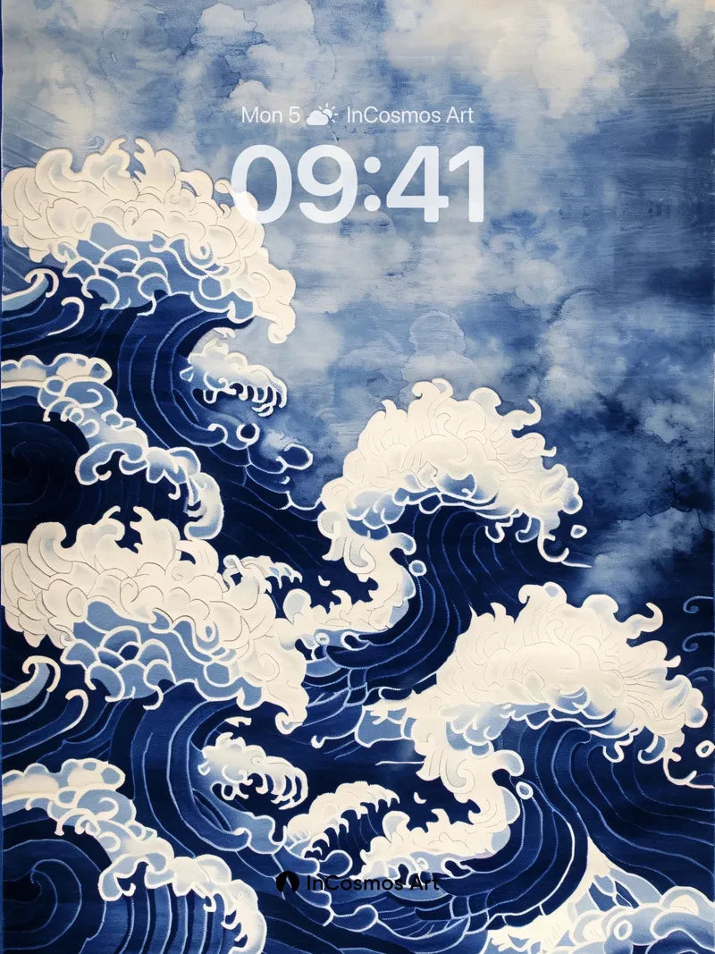 Indigo Surge Wallpaper with Hokusai Waves wallpaper for iPhone, iPad & Mac