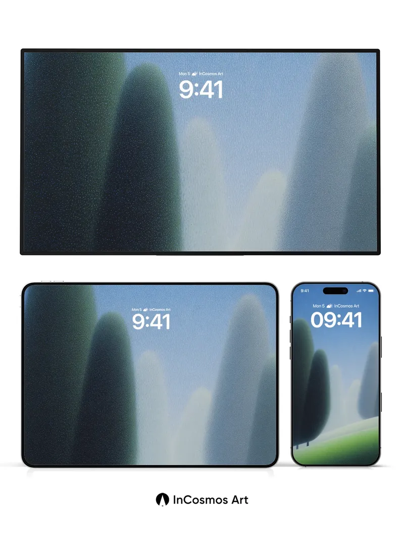 Misty Grove Wallpaper with Floating Forms