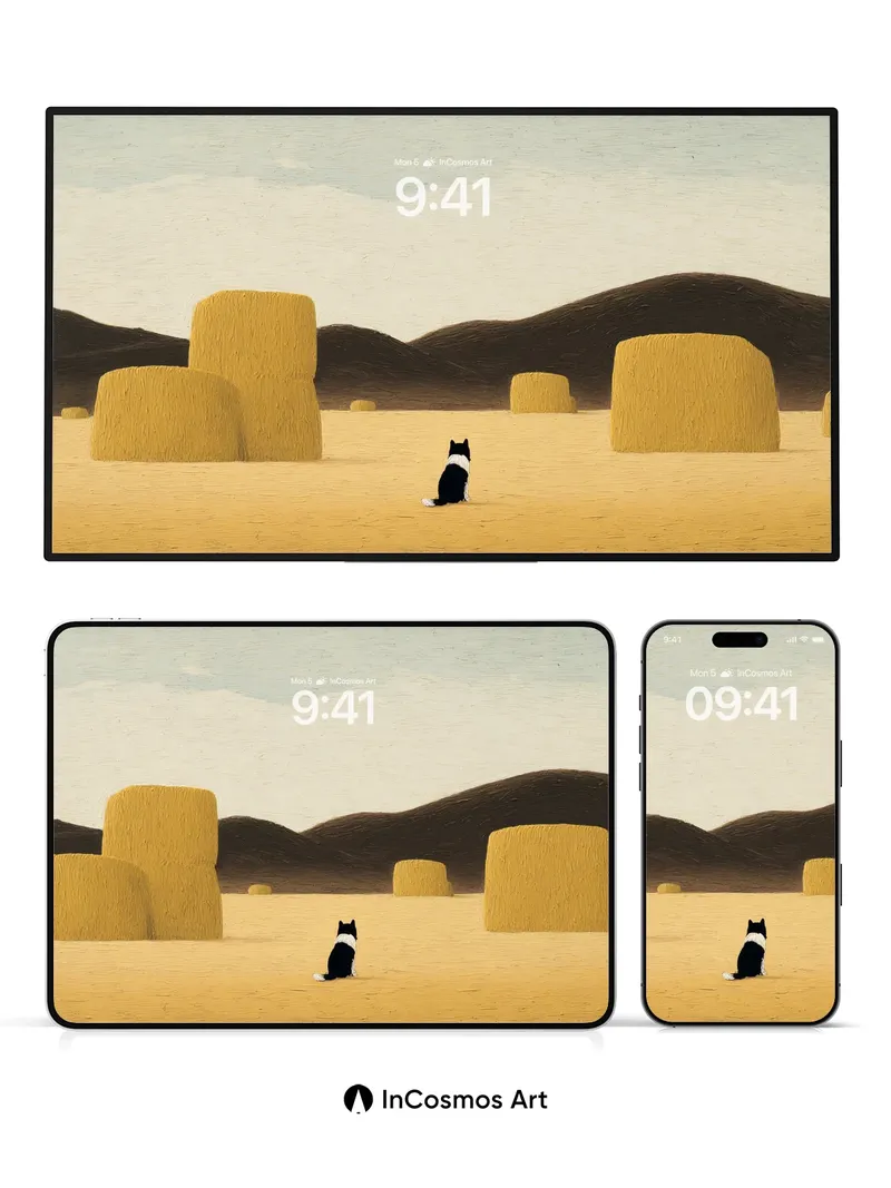 Serenity in Haystacks Wallpaper with Solitary Cat