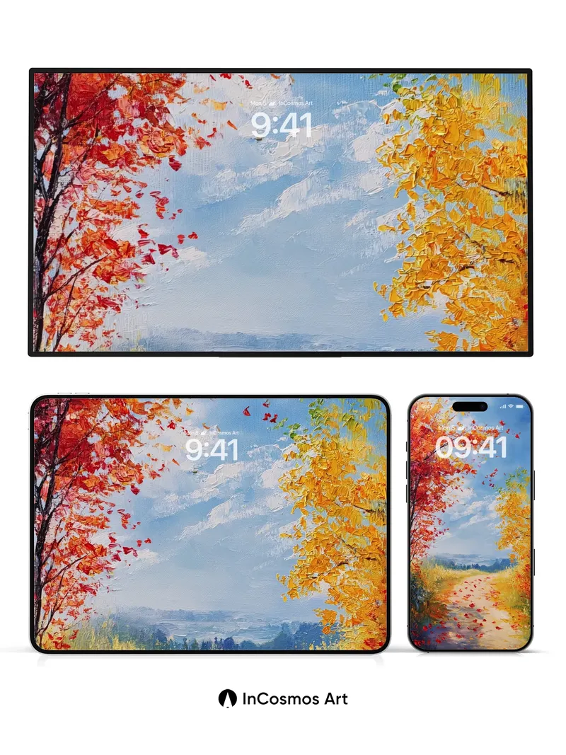 Autumn Whispers Wallpaper with Floating Leaves