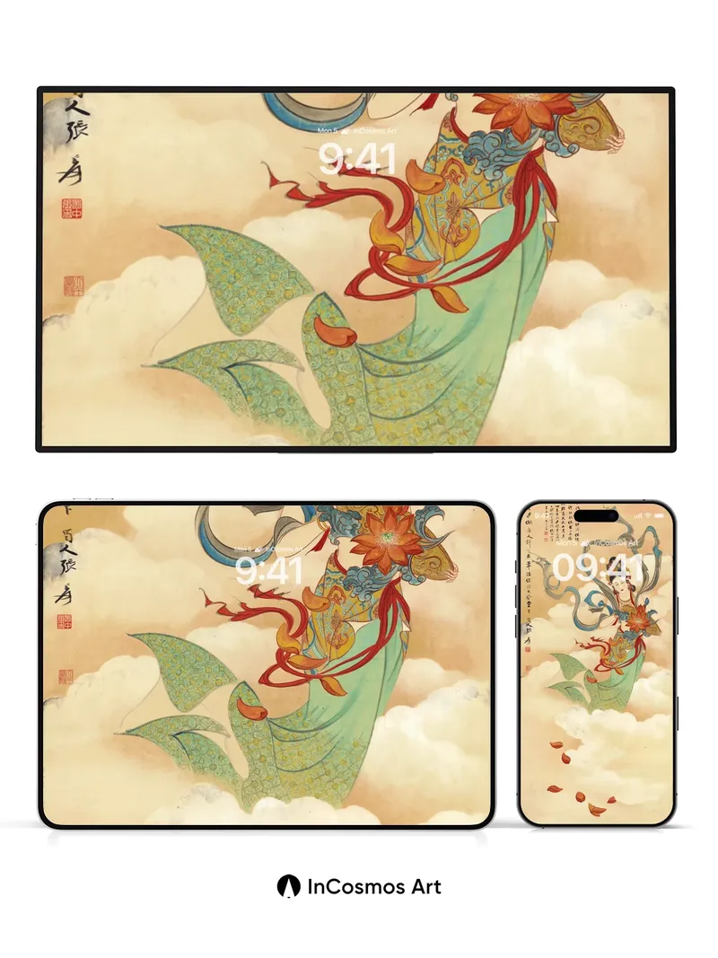 Celestial Dance Wallpaper with Floating Silk