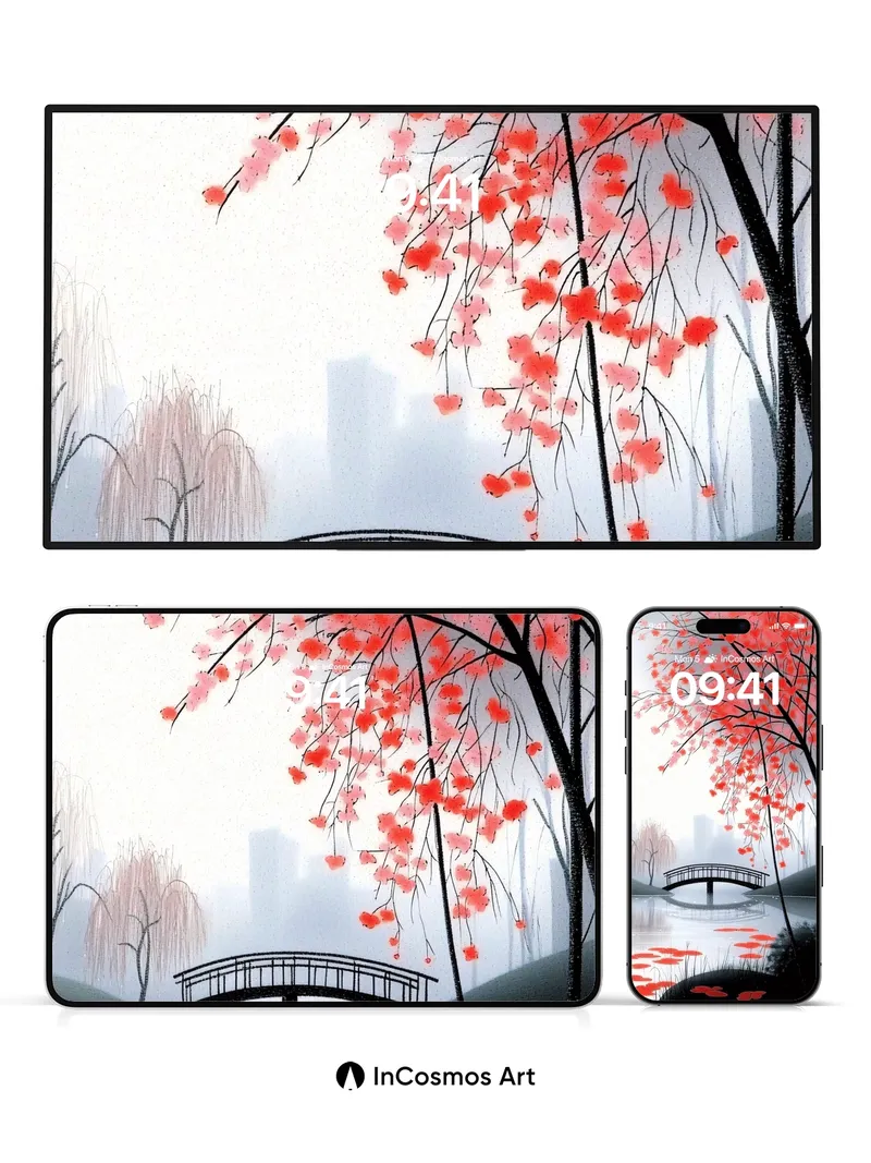 Serene Cherry Bloom Wallpaper with Misty Bridge