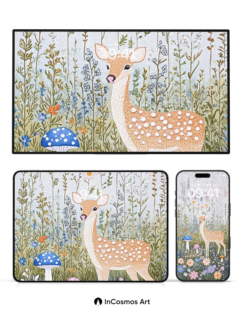 Whimsical Meadow Wallpaper with Spotted Fawn