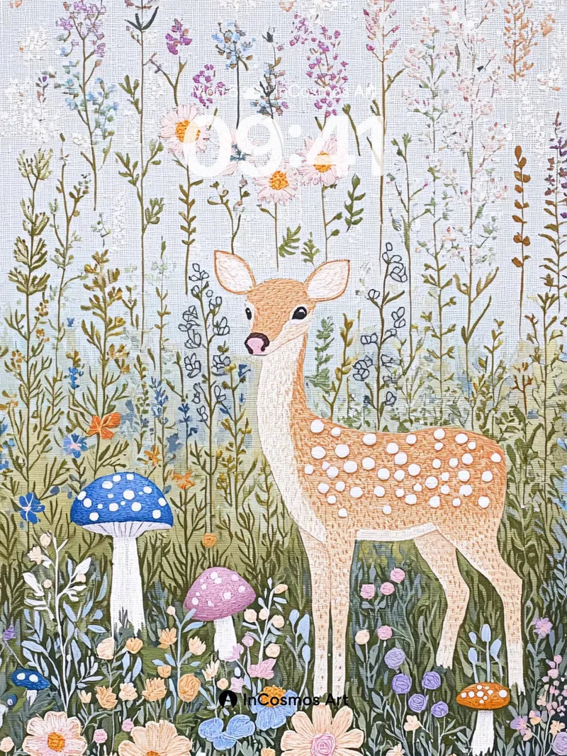 Whimsical Meadow Wallpaper with Spotted Fawn