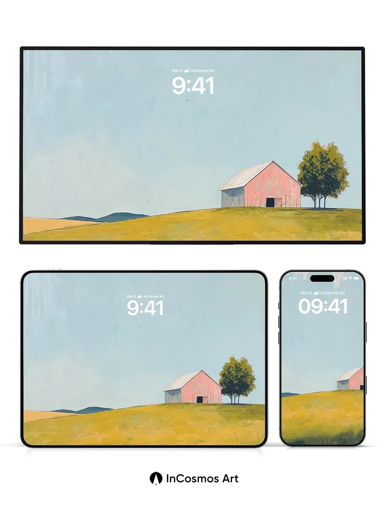 Serenity Field Wallpaper with Rustic Red Barn