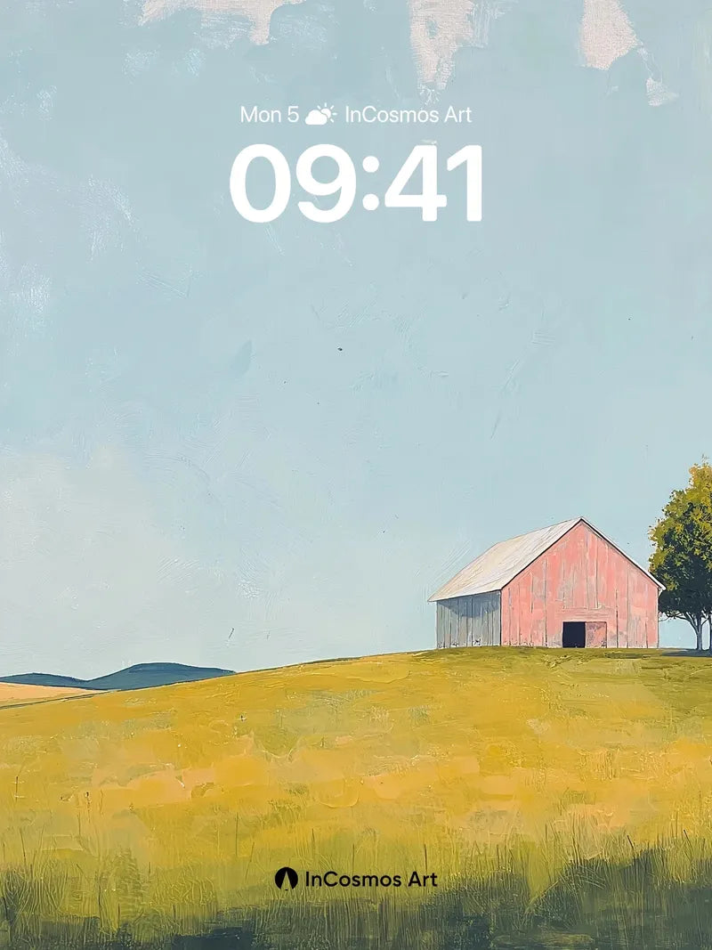 Serenity Field Wallpaper with Rustic Red Barn