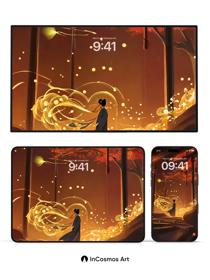 Golden Whispers Wallpaper with Floating Light Trails