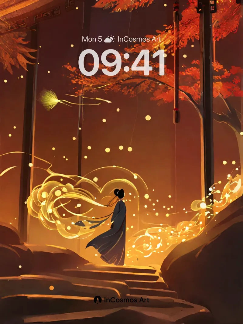 Golden Whispers Wallpaper with Floating Light Trails