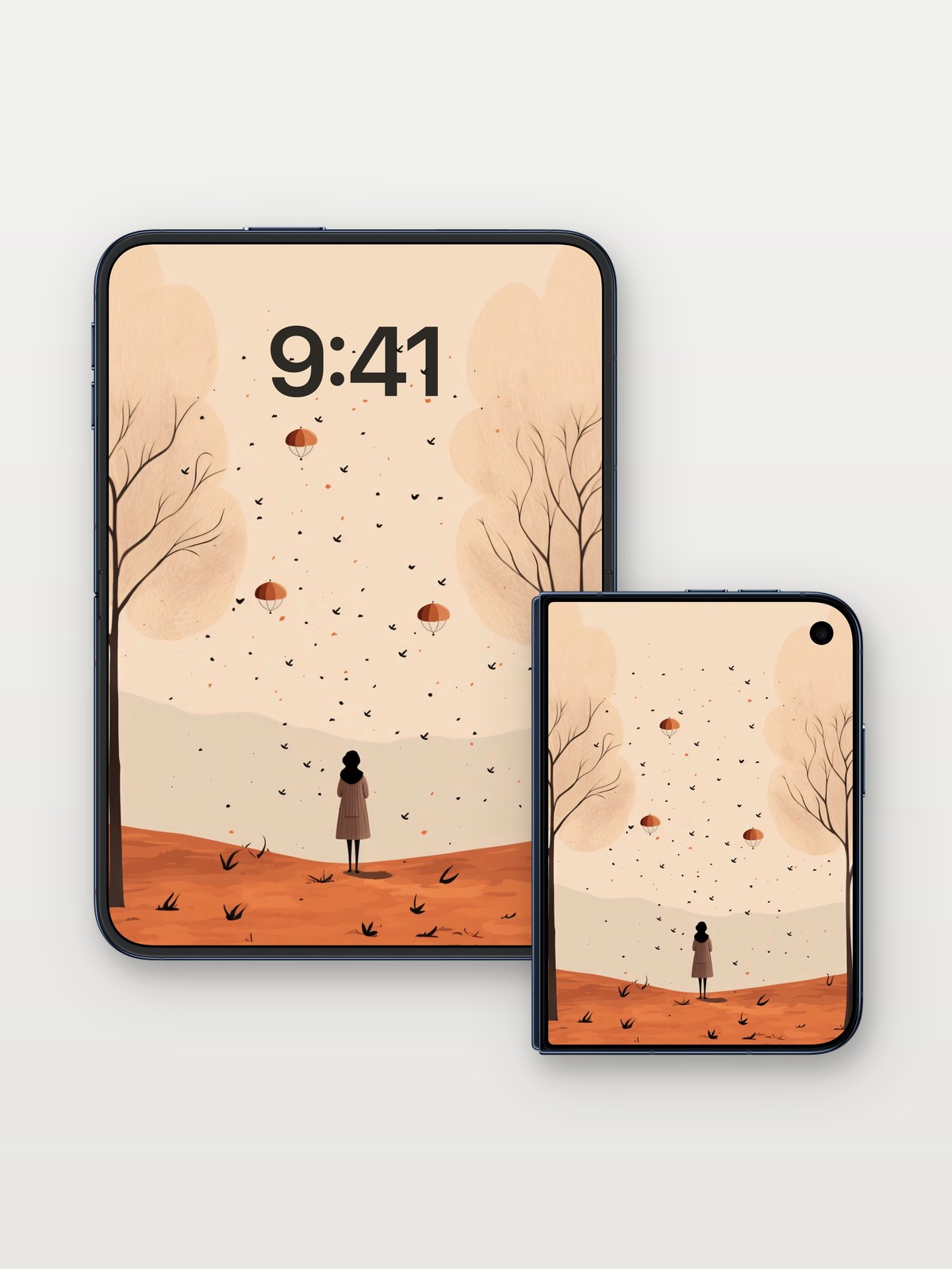 Autumn Hush Wallpaper with Floating Balloons on iPhone Duo, open and closed