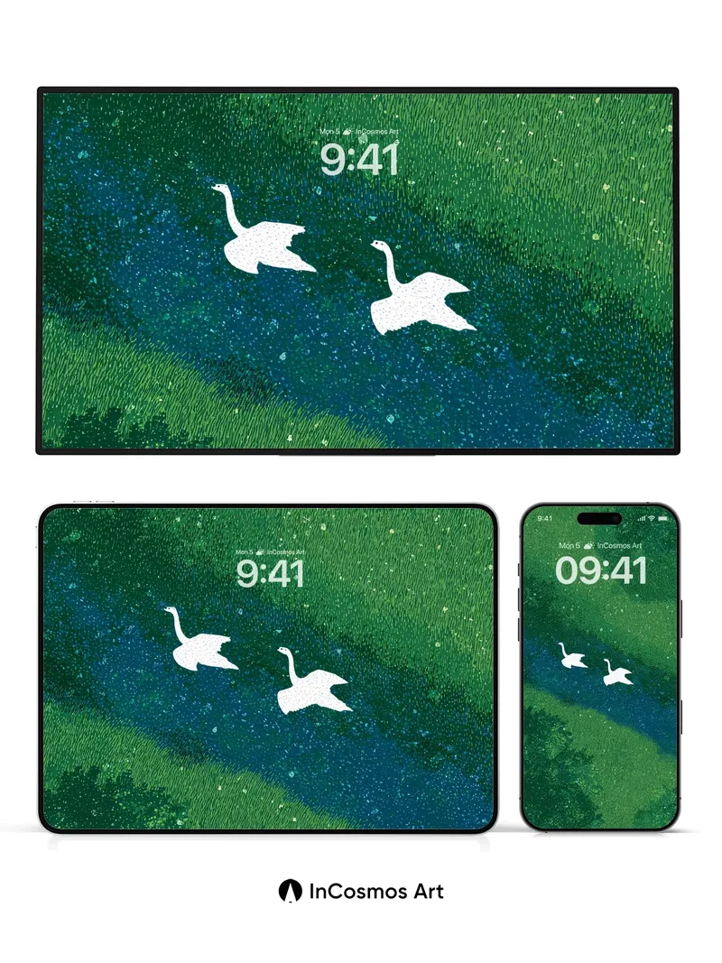 Whispering Swans Wallpaper with Starlit River