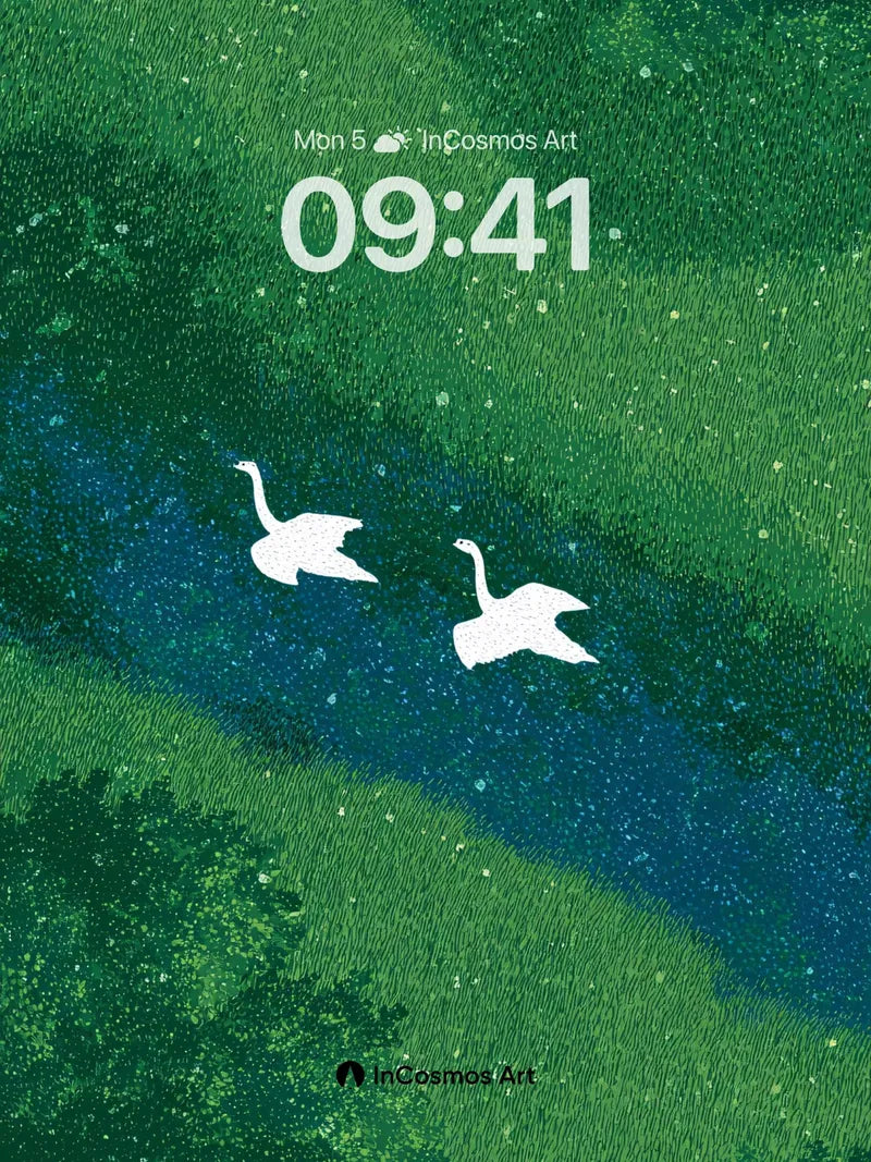 Whispering Swans Wallpaper with Starlit River wallpaper for iPhone, iPad & Mac