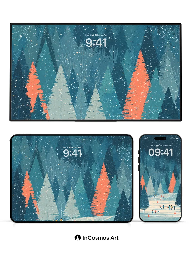 Whispering Snowfall Wallpaper with Geometric Forest