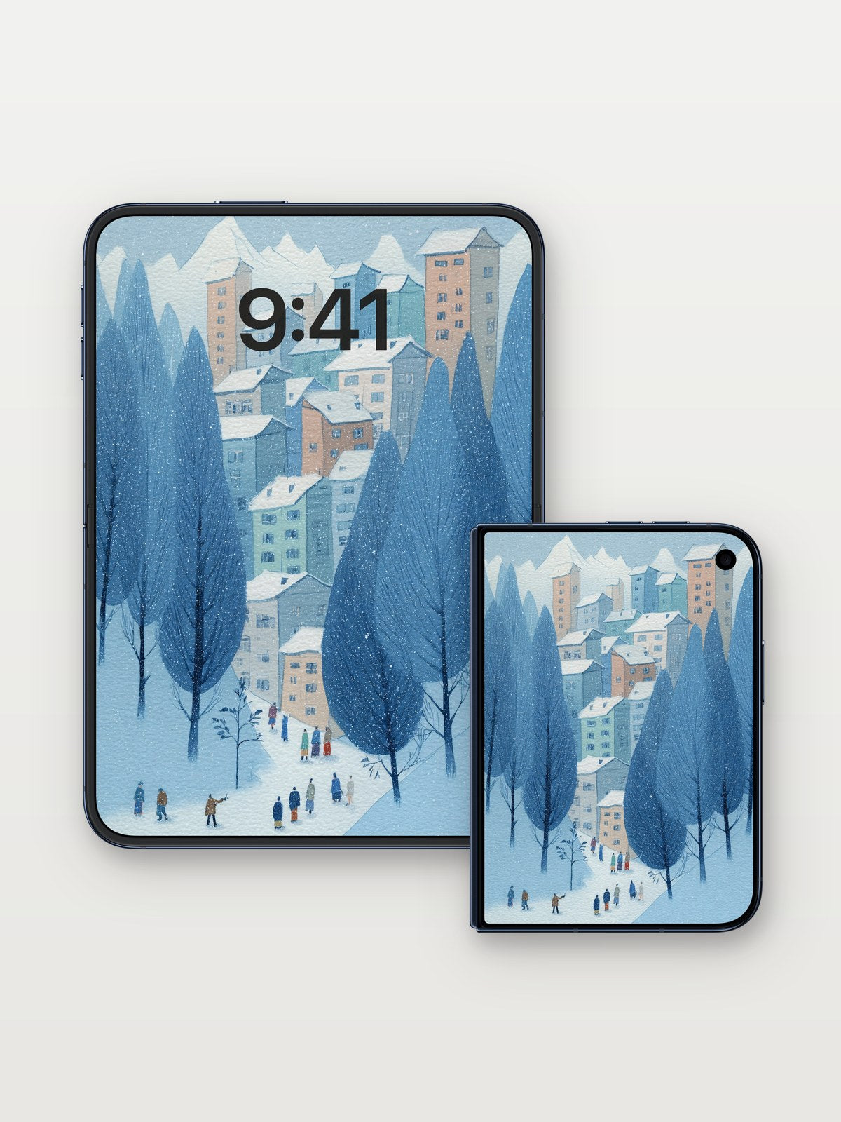 Snowfall Whisper Wallpaper with Mountain Hush on iPhone Duo, open and closed