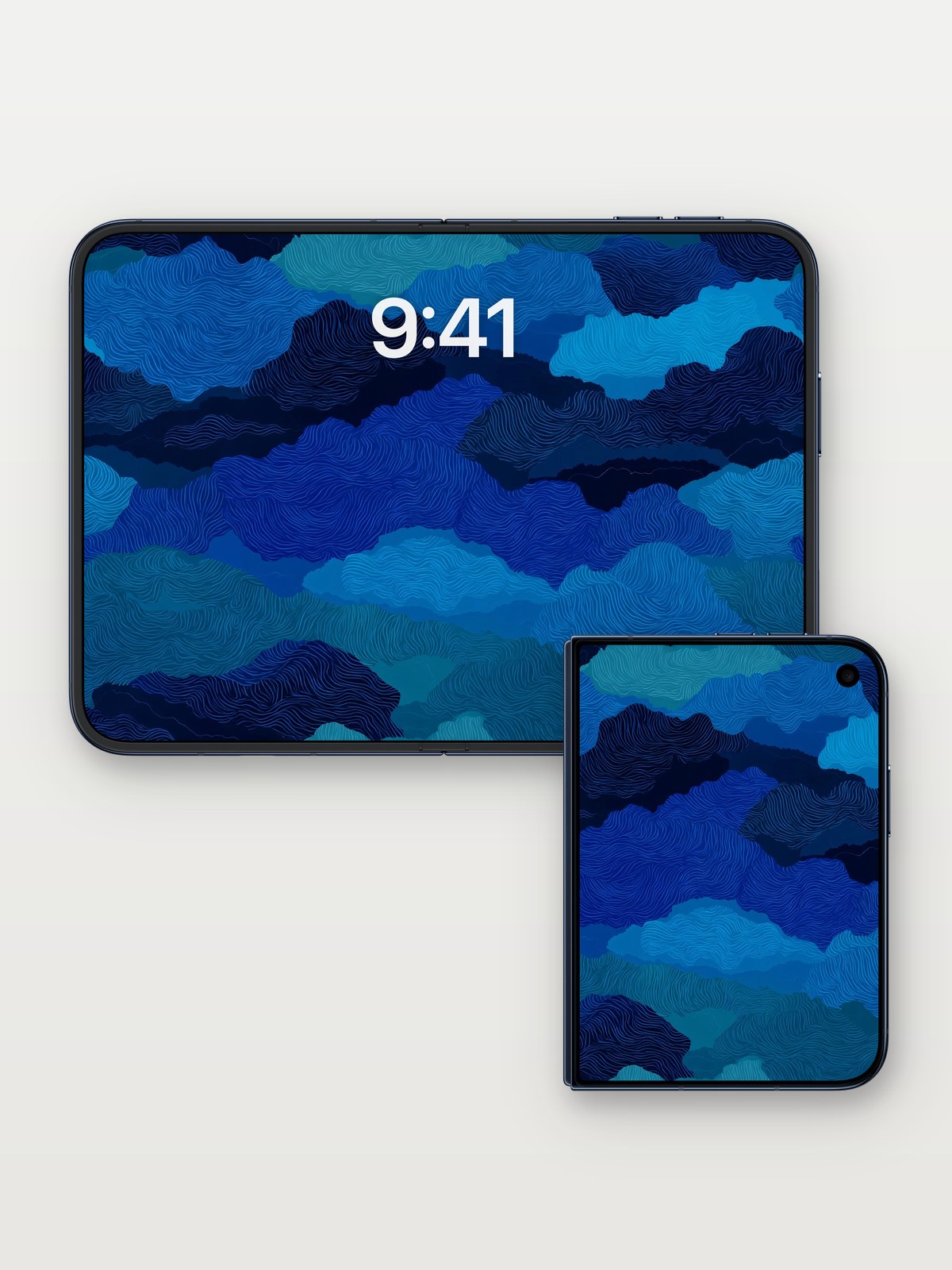 Deep Blue Abstract Waves Wallpaper on iPhone Duo, open and closed