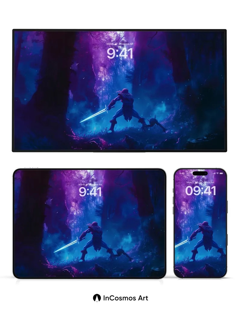 Shadowblade Mirage Wallpaper with Cosmic Forest Veil