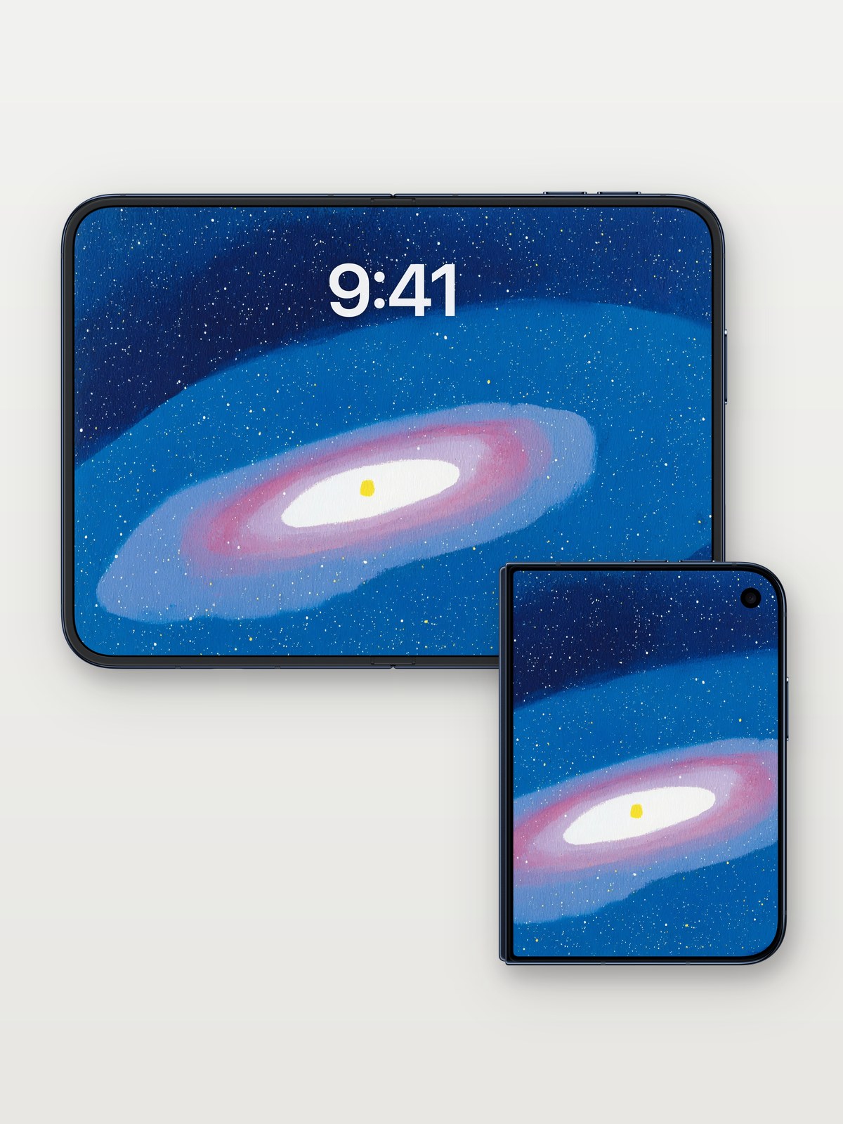 Soft Haze Nebula Wallpaper with Quiet Core on iPhone Duo, open and closed