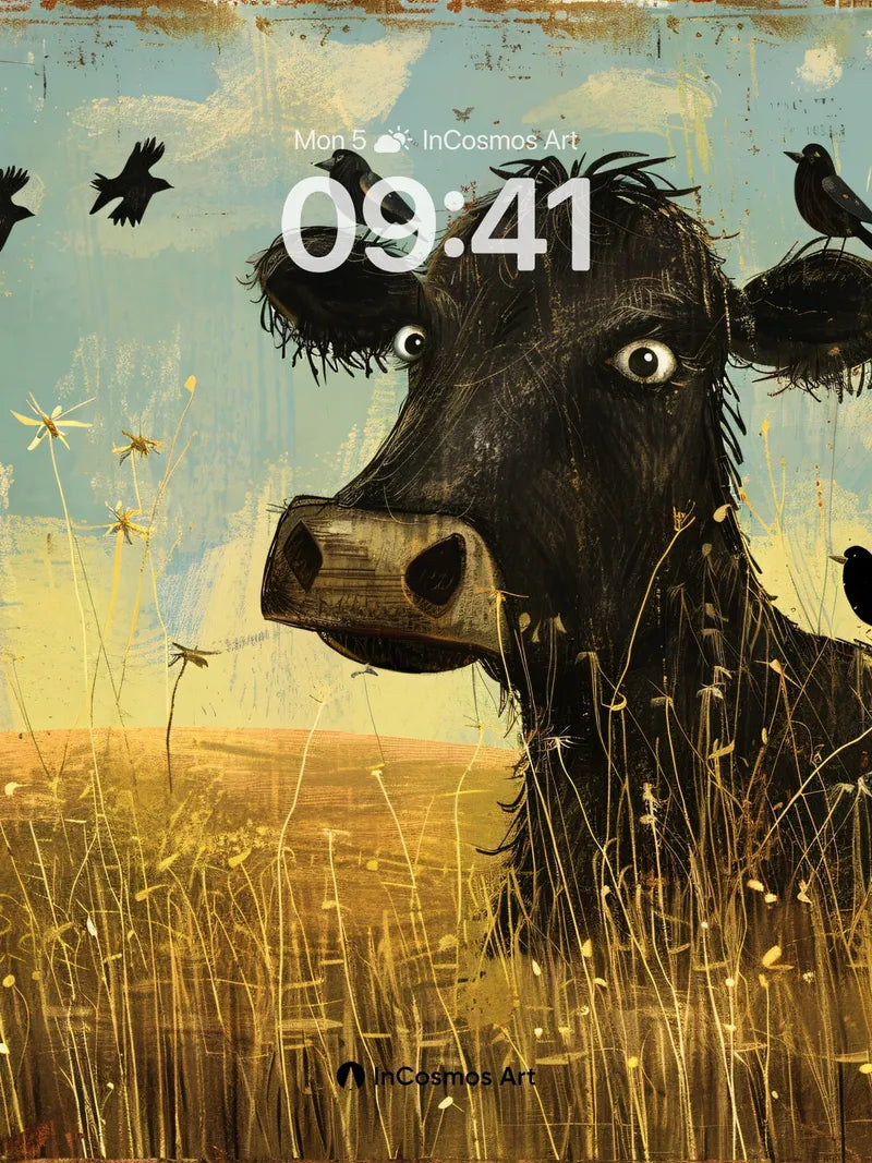 Whispering Meadow Wallpaper with Crow-Crowned Cow