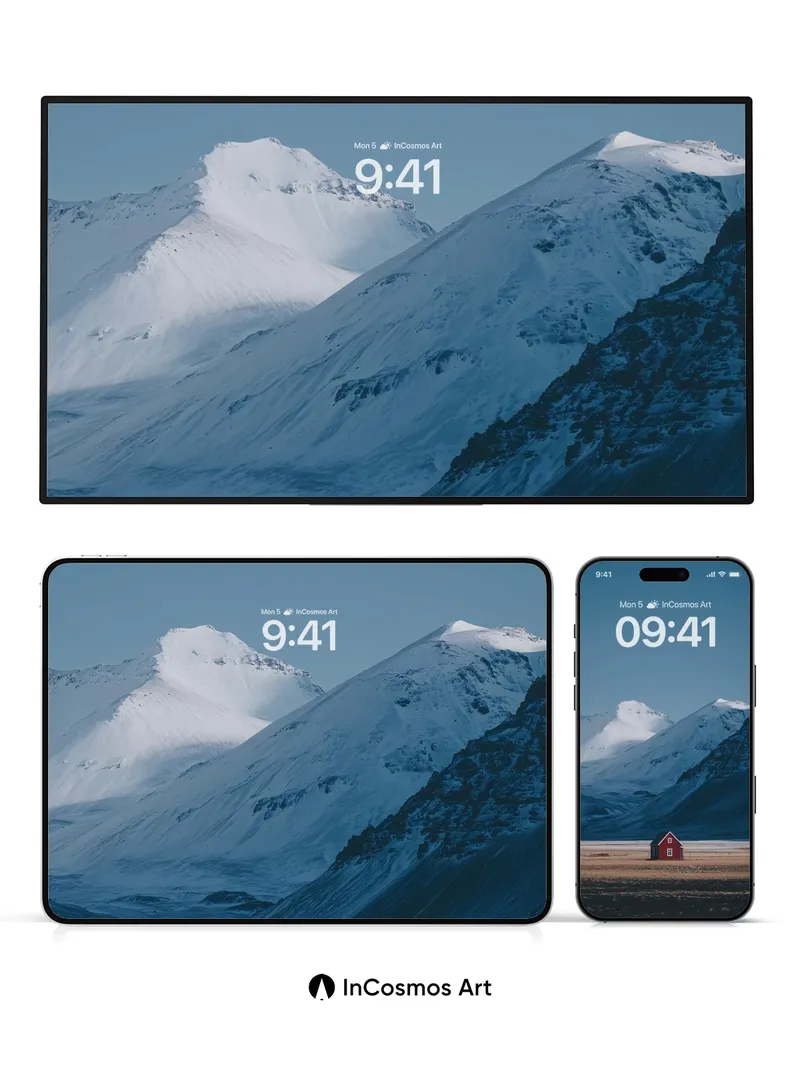 Serenity Red Hut Wallpaper with Snow-Crowned Peaks