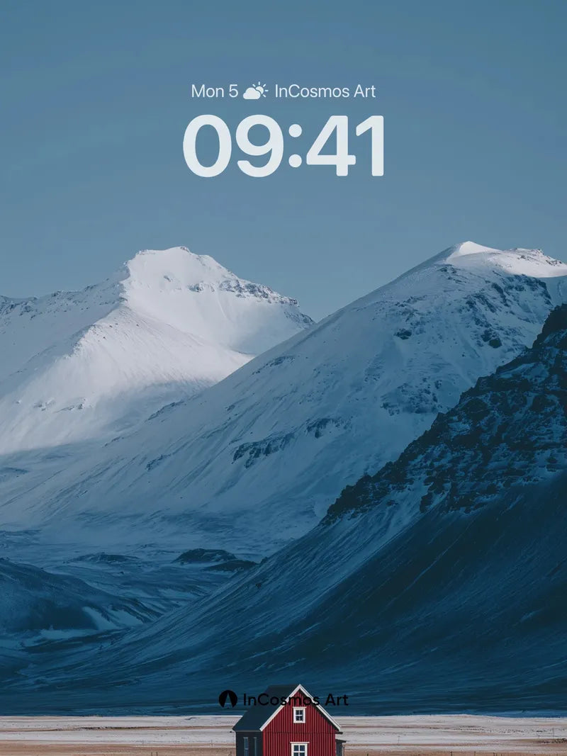 Serenity Red Hut Wallpaper with Snow-Crowned Peaks