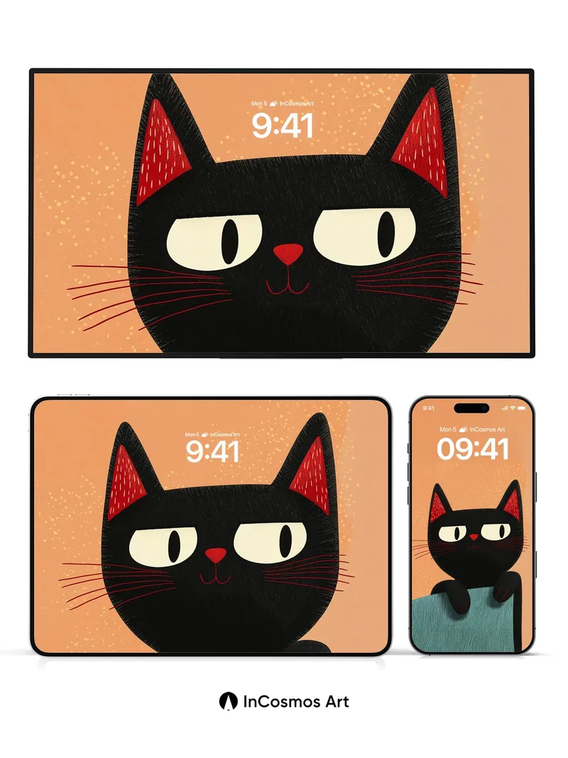 Whimsical Black Cat Wallpaper with Textured Charm