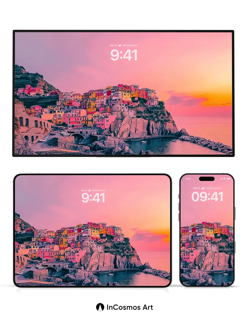 Crimson Cliffside Wallpaper with Sun-Kissed Facades