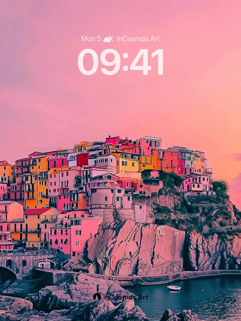 Crimson Cliffside Wallpaper with Sun-Kissed Facades