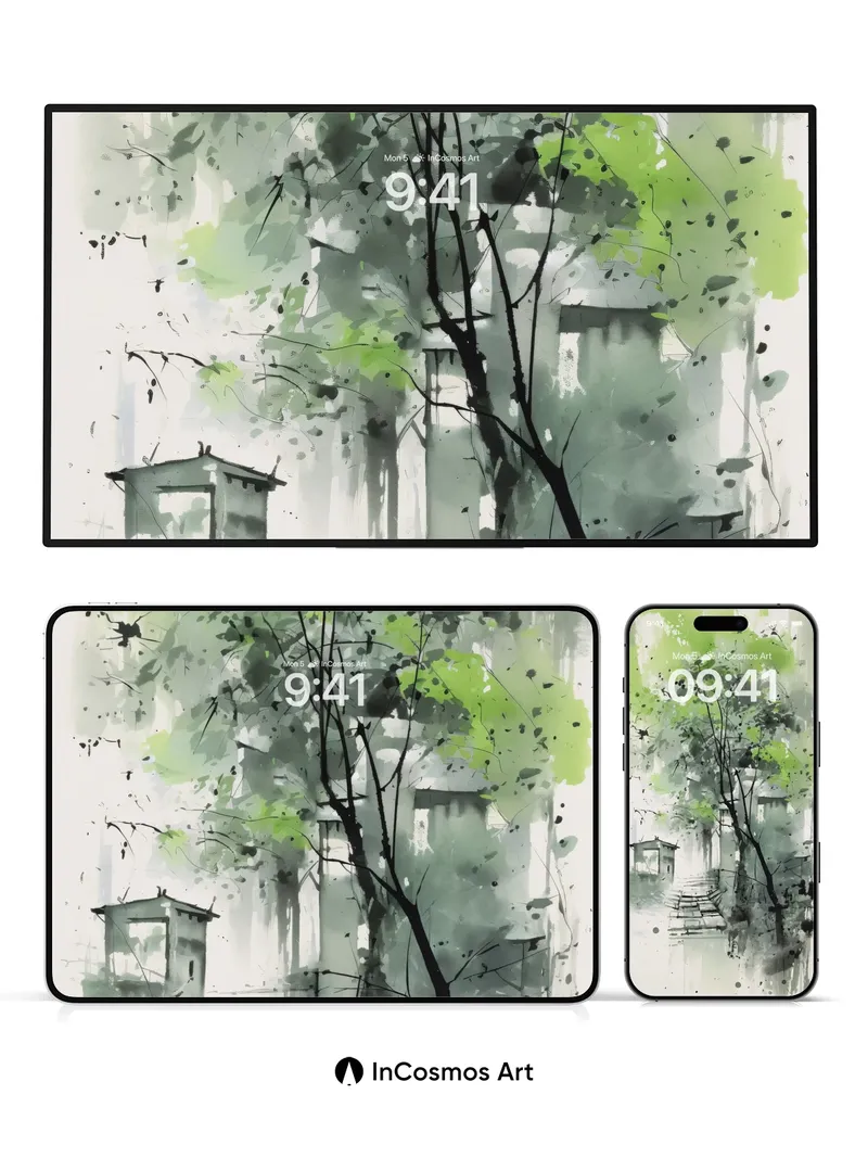 Misty Grove Wallpaper with Ink-Blotted Trees