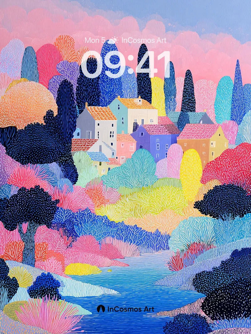 Pastel Dream Village Wallpaper with Layered Hills wallpaper for iPhone, iPad & Mac
