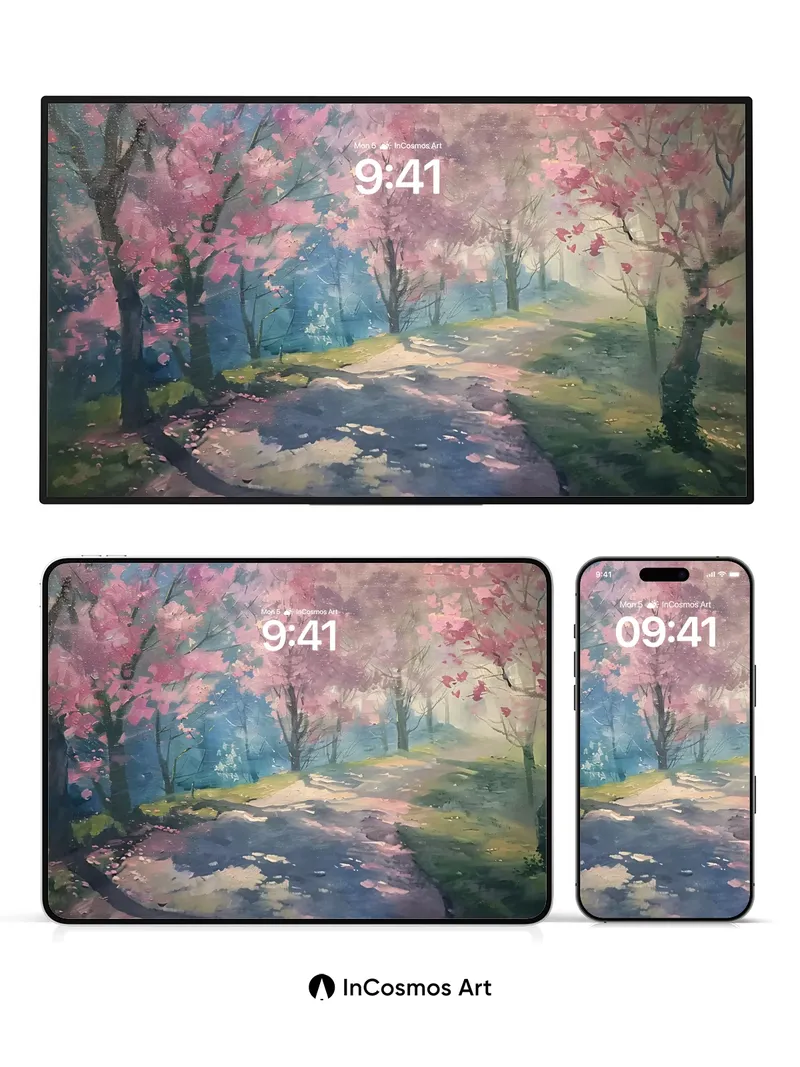 Serene Sakura Path Wallpaper with Dappled Light