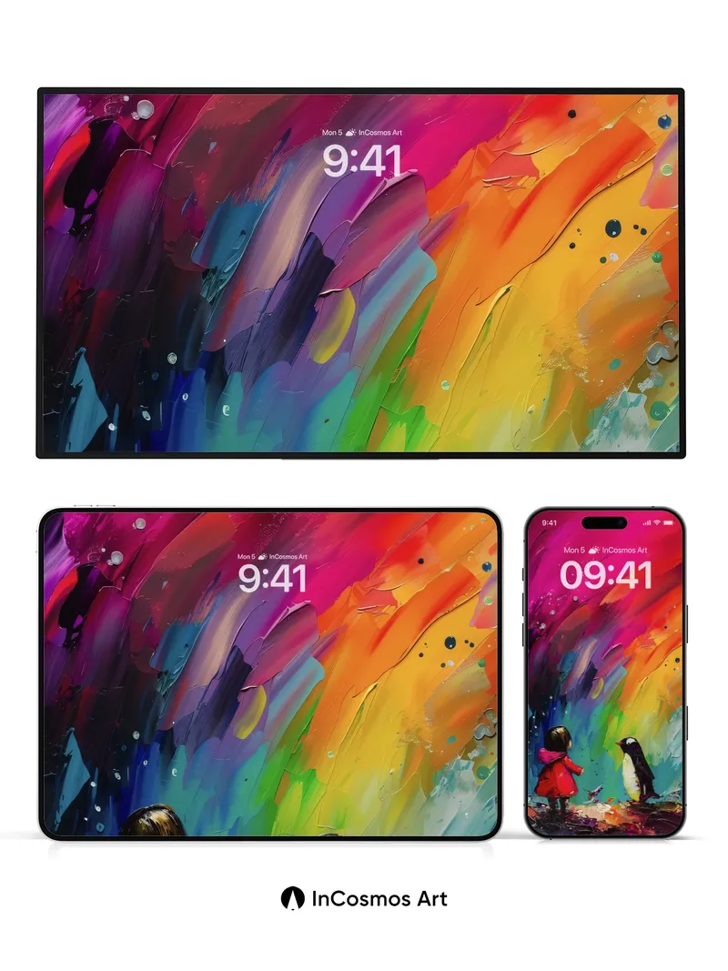 Whimsical Aurora Wallpaper with Penguin and Child