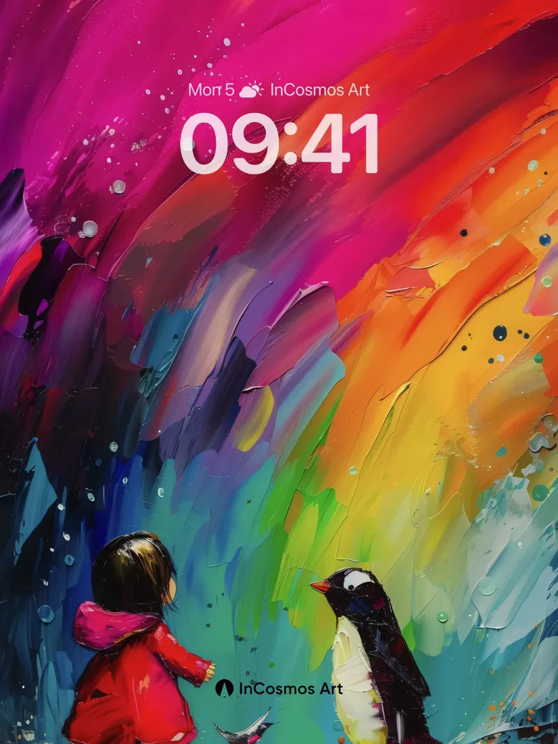 Whimsical Aurora Wallpaper with Penguin and Child