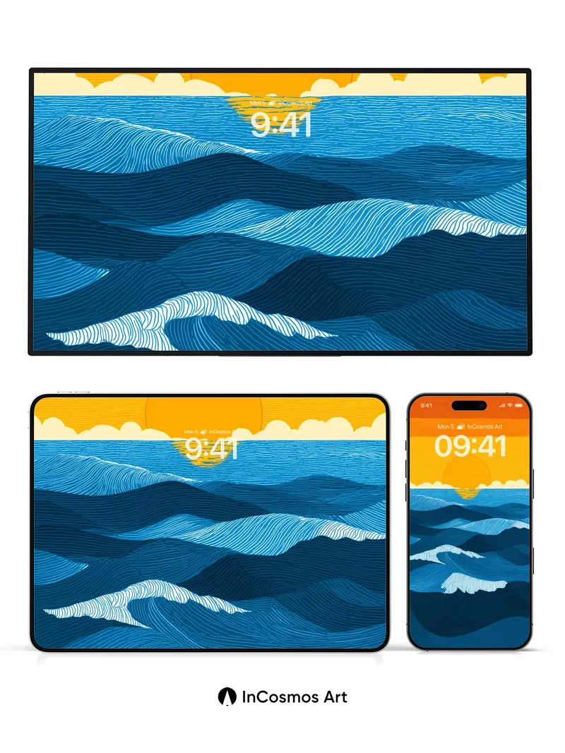 Golden Hush Ocean Wallpaper with Wave Lines