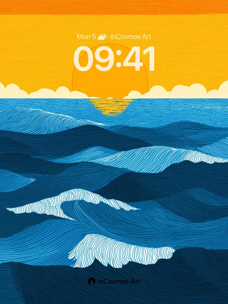 Golden Hush Ocean Wallpaper with Woodgrain Texture