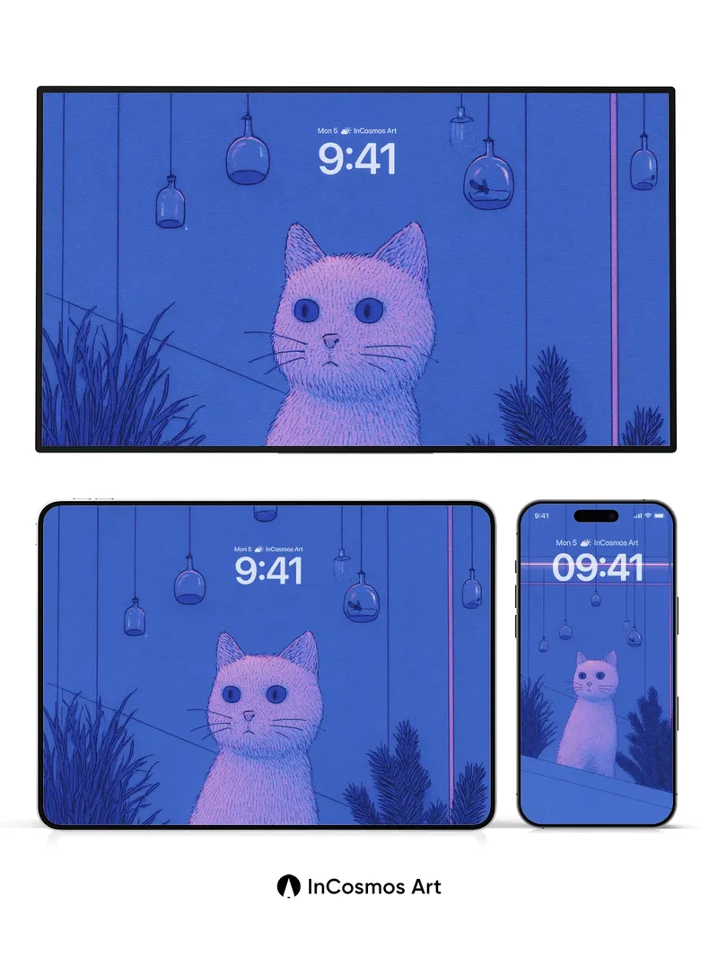 Calm Midnight Cat Wallpaper with Hanging Glass Lights
