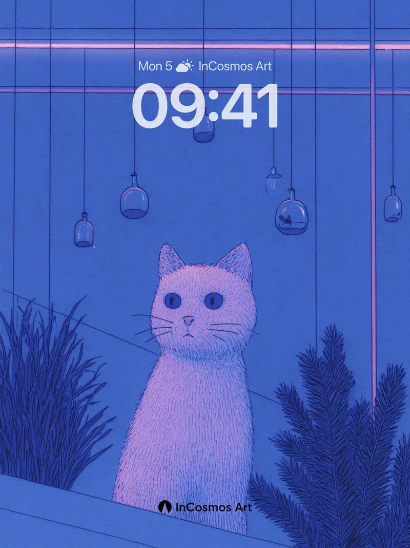 Calm Midnight Cat Wallpaper with Hanging Glass Lights
