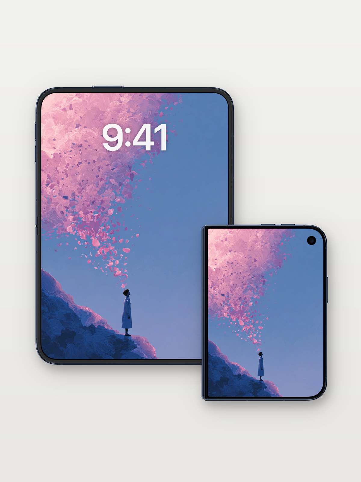 Serenity Bloom Wallpaper with Floating Petals on iPhone Duo, open and closed