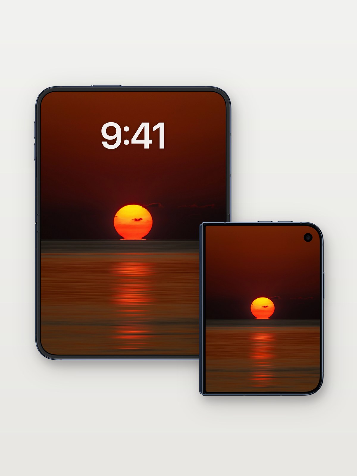 Serenity Sunset Wallpaper with Golden Horizon on iPhone Duo, open and closed
