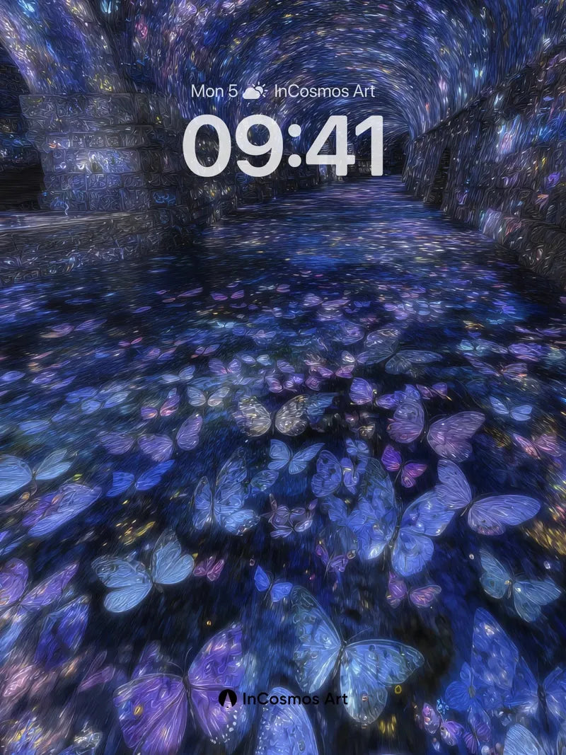 Luminous Tunnel Wallpaper with Floating Butterflies