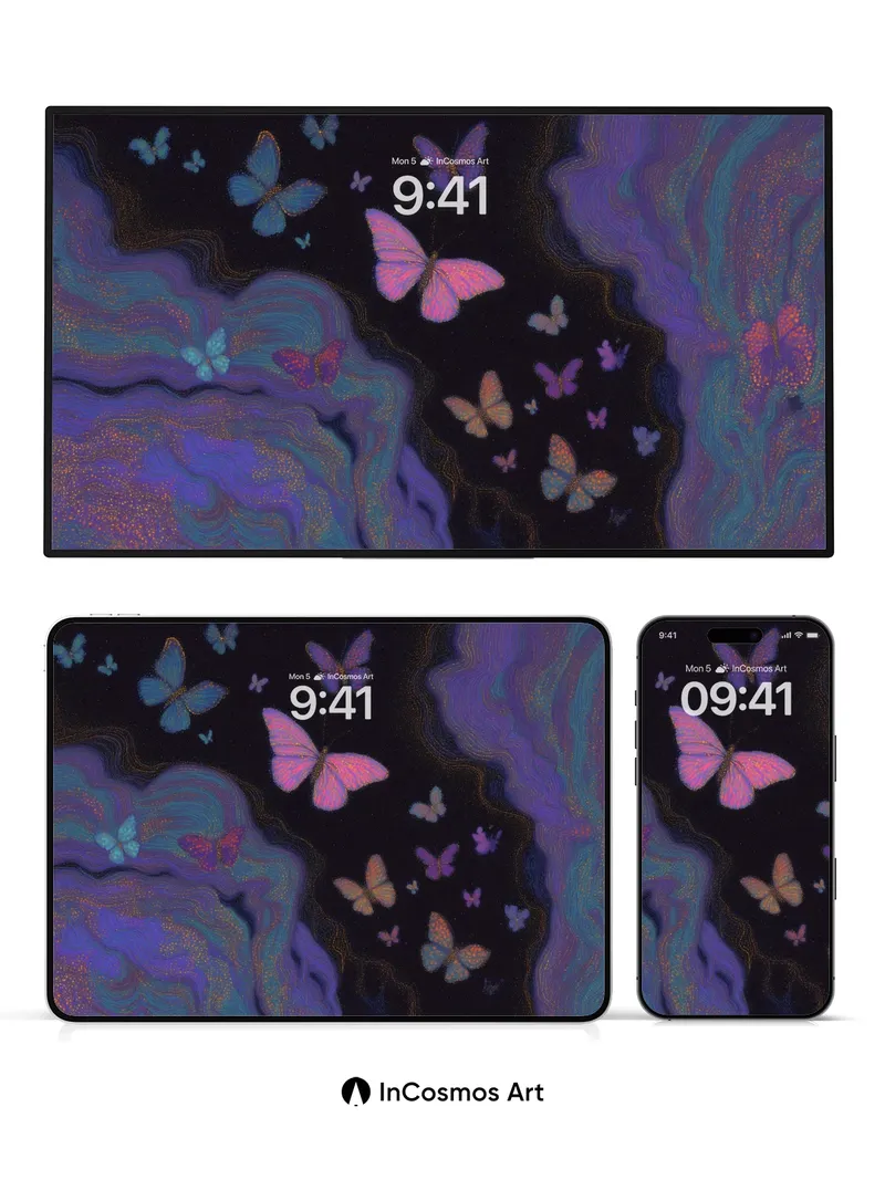 Luminous Drift Wallpaper with Cosmic Butterflies