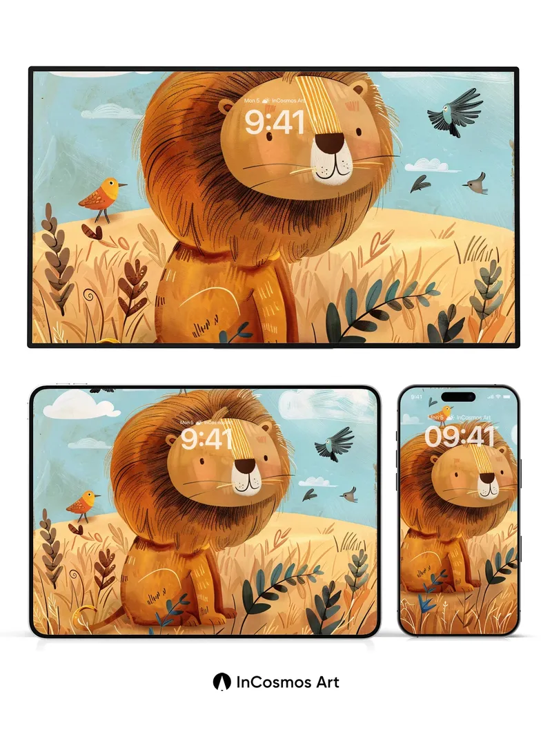Whimsical Lion Wallpaper with Feathered Friends