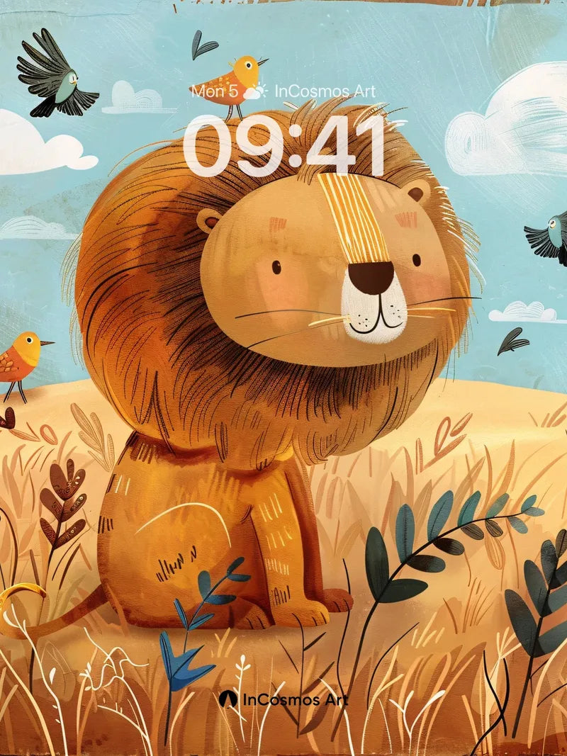 Whimsical Lion Wallpaper with Feathered Friends