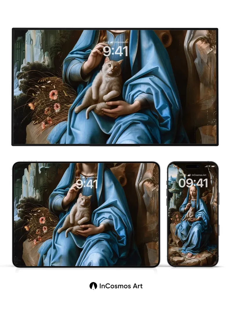 Serene Blue Veil Wallpaper with Sacred Cat