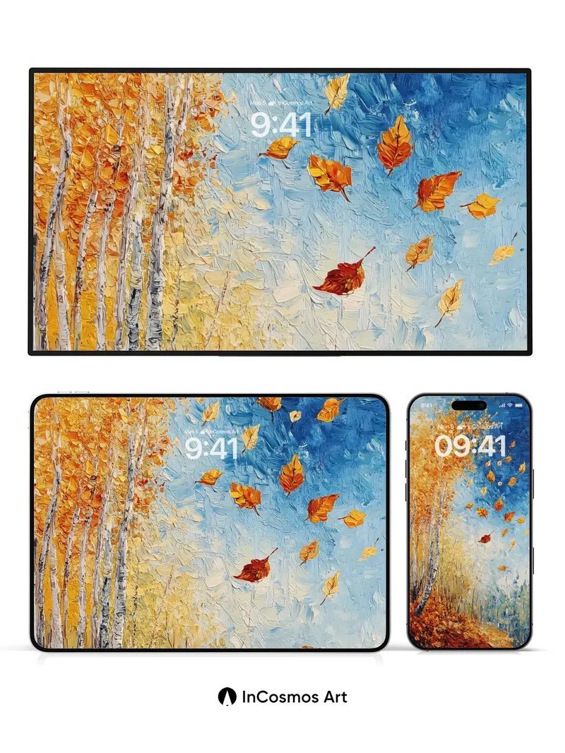 Whispering Birch Wallpaper with Floating Leaves