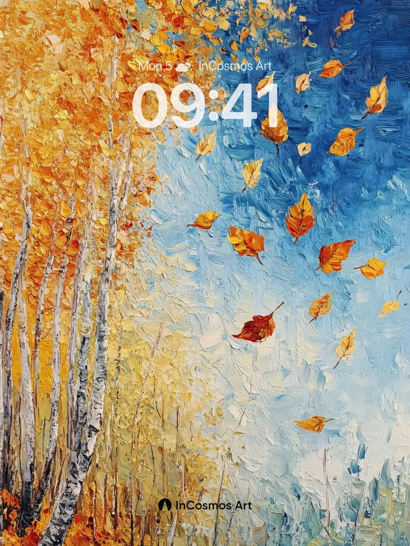 Whispering Birch Wallpaper with Floating Leaves